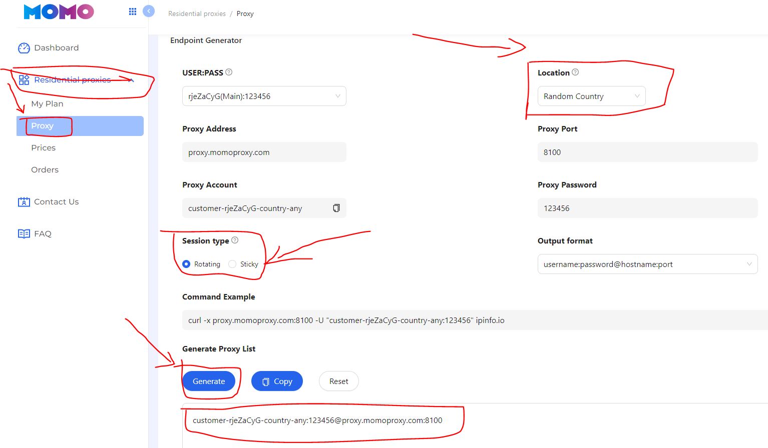 从MoMoProxy用户后台生成代理
