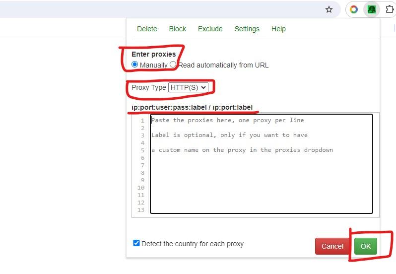 choose proxy type ip port user pass