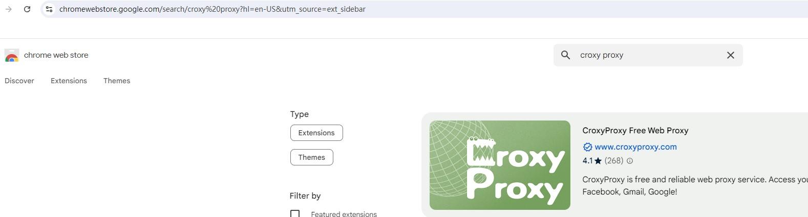 search croxy proxy in chrome extension web store