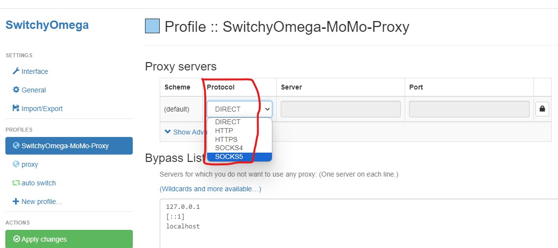 select https socks5 proxy type