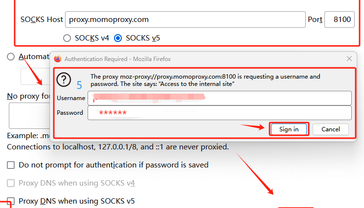 enter username password for proxy settings in firefox