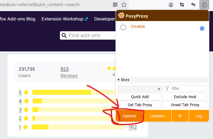 firefox foxyproxy click icon and options
