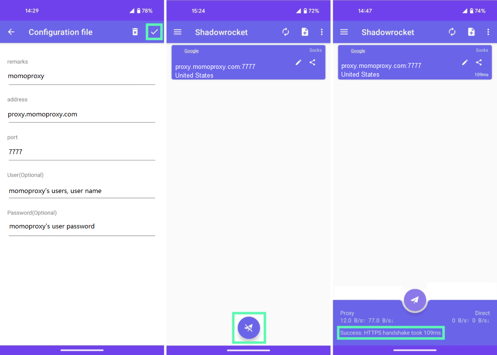 Shadowrocket Android redential proxy settings